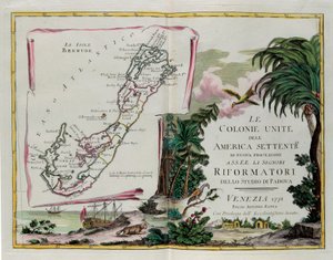 De eilanden Bermuda en het frontispice van de sectie gewijd aan de Verenigde Kolonies van Noord-Amerika, gravure door G. Zuliani uit Tome I van de "Nieuwste Atlas" gepubliceerd in Venetië in 1778 door Antonio Zatta, Privécollectie door G. Zuliani