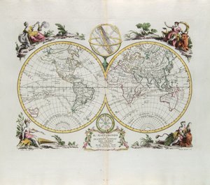 Wereldkaart en een algemene beschrijving van de globe, gravure door G. Zuliani uit Tome I van de Nieuwste Atlas gepubliceerd in Venetië in 1774 door Antonio Zatta