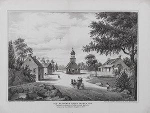 Oude Gereformeerde Nederlandse Kerk in 1776, getekend door Miss Elizabeth Sleight in 1808, gedrukt voor H. McCloskeys Manuel van de stad Brooklyn, 1864 door G. after Hayward
