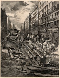 De Belleville kabelbaan, gelegd het spoor, rue de Belleville in 1894. Gravure naar de tekening van M.G. de Burgrraff. In 