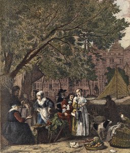 De Amsterdamse kruidenmarkt. Gravure 19e eeuw naar het schilderij van Gabriel Metsu (1629-1667). door Gabriel (after) Metsu