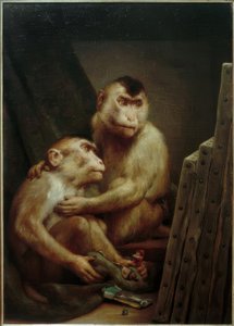 Apen bekijken schilderijen door Gabriel Cornelius Ritter von Max