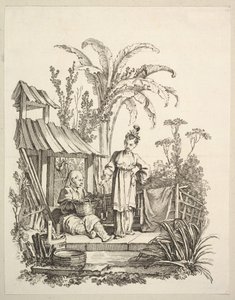 Een zittende Chinese man en een vrouw die een vis draagt, ca. 1742