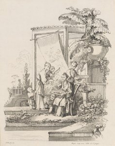 Zittende Vrouw met Kinderen en Dienaren, ca. 1738-1745 door Gabriel Huquier