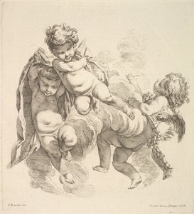 Drie kinderen tussen wolken met een draperie, 1738-45 door Gabriel Huquier