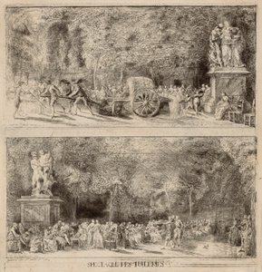 Scènes uit de Tuilerieën: De stoelen en de waterkar door Gabriel Jacques de Saint Aubin