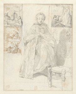 Studieblad met een lezende vrouw en enkele schetsen door Gabriel Jacques de Saint Aubin