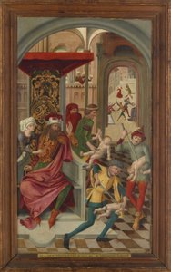 Vleugel van het St. Veits-altaar uit de kloosterkerk Tegernsee; voorzijde: De kindermoord van Bethlehem, achterzijde: De heiligen Veit, Modestus en Kreszentia worden met manna versterkt
