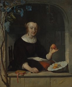 Een vrouw zittend bij een raam, begin 1660s door Gabriel Metsu