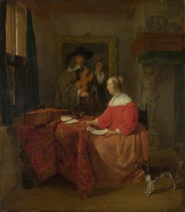 Een vrouw zittend aan een tafel en een man die een viool stemt, c. 1657-1658