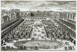 Uitzicht op het Parc du Palais Royal in Parijs (gravure door Perelle, eind 17e eeuw)