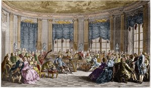 Een muziekconcert gegeven door Madame la Comtesse de Saint Brisson - gegraveerd door Duclos naar Saint Aubin (Saint-Aubin)
