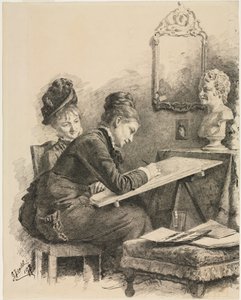 Twee Vrouwen die een Beeldhouwkunst Schetsen, 1878