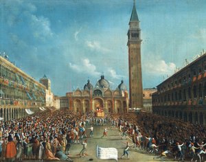 De Doge wordt triomfantelijk gedragen en strooit geld op het Piazza San Marco door Gabriele Bella