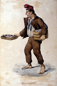 Kleine beroepen van Napels: de visverkoper. Lithografie door F. Dura