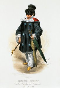 De acteur Antonio Petito (1822-1876) in toneelkostuum in de parodie De Troubadour, lithografie door Gaetano Dura (1805-1874)