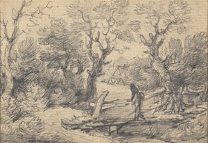 Landschap met figuur op een voetbrug door Gainsborough Dupont