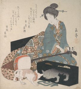Vrouw die een Shamisen Stemt en een Kat die naar zijn Eigen Reflectie Kijkt, midden jaren 1820 door Gakutei