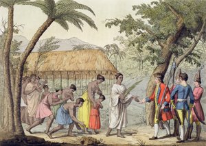 Kapitein Samuel Wallis (1728-1830) wordt ontvangen door koningin Oberea op het eiland Tahiti