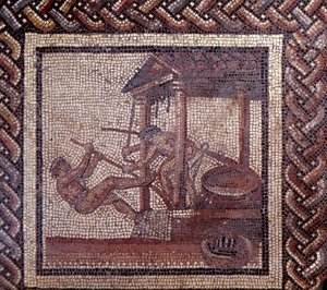 Gallisch-Romeinse kunst: mozaïekvloer die een rustieke kalender voorstelt. Een olijfpers. Eind 2e, begin 3e eeuw na Christus. Uit Saint-Romain-en-Gal (Rhone). Saint Germain en Laye, Nationaal Museum voor Archeologie door Gallo Roman