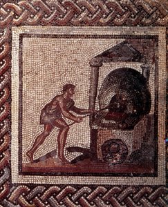 Gallo-Romeinse kunst: mozaïekbestrating die een rustieke kalender voorstelt. Brood bakken scène. Eind 2e, begin 3e eeuw na Christus. Uit Saint-Romain-en-Gal (Rhone). Saint Germain en Laye, Nationaal Archeologisch Museum