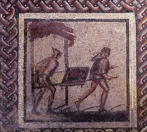 Gallo-Romeinse kunst: mozaïekbestrating die een rustieke kalender voorstelt. Mest transport scène. Eind 2e, begin 3e eeuw na Christus. Uit Saint-Romain-en-Gal (Saint Romain en Gal, Rhone). Saint Germain en Laye, Nationaal Archeologisch Museum