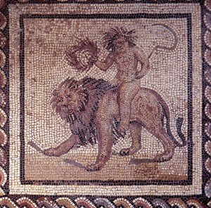 Gallo-Romeinse kunst: mozaïekvloer die een rustieke kalender voorstelt. Zomer allegorie over een leeuw. Eind 2e, begin 3e eeuw na Chr. Uit Saint-Romain-en-Gal (Rhone). Saint Germain en Laye, Nationaal Archeologisch Museum door Gallo Roman