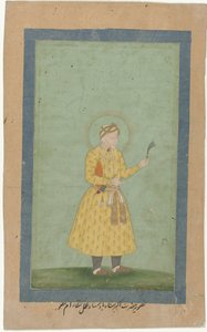 Portret van Akbar, staand, met verenpluim in de hand door Gangaram (attributed to)
