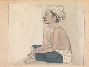 Man met een blauwe doek over zijn benen