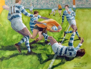 Rugbywedstrijd: Australië tegen Argentinië in de Wereldbeker, 1991 door Gareth Lloyd Ball