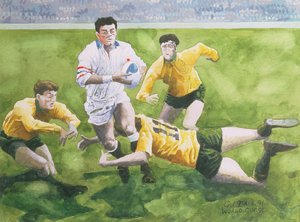 Rugbywedstrijd: Engeland tegen Australië in de Wereldbekerfinale, 1991, Will Carling wordt getackeld door Gareth Lloyd Ball