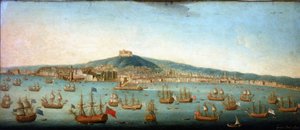 Uitzicht op de baai van Napels met de vloot van admiraal Byng voor anker