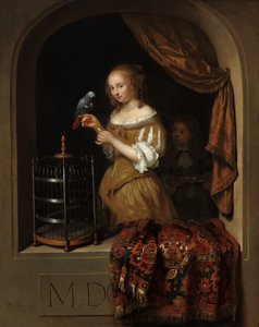 Een Vrouw die een Papegaai Voedt, met een Page, 1666