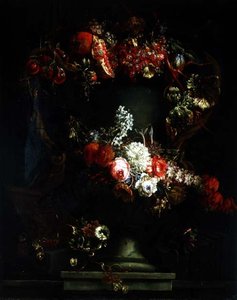 Guirlande van druiven, pruimen en granaatappel met bloemen door Gaspar Pieter II Verbruggen
