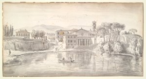Kerk en huizen langs een rivier door Gaspar van Wittel