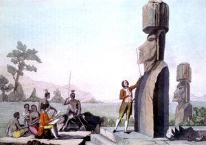 La Perouse met zijn bemanning, die de Beelden op Paaseiland meten (1786), gravure door Gaspard (after) Duche de Vancy