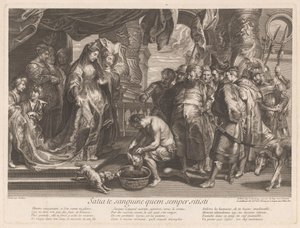 Thomiris dompelt het hoofd van Cyrus in een kom bloed door Gaspard Duchange (attributed to)