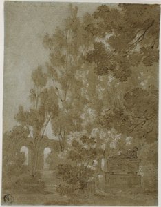 Uitzicht op vervallen bogen en graftombe in Villa Borghese