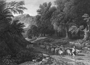 Landschap met herder en kudde (gravure) door Gaspard Poussin (after) Dughet