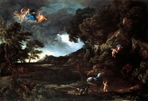 Landschap met de vereniging van Dido en Aeneas, ca. 1664-48