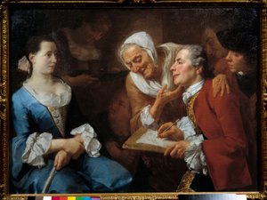 Een schilder en zijn model, achter hem strekt een oude vrouw haar nek uit om zijn tekening te bekijken. Schilderij door Gaspare Traversi (1732-1769) 1754 Zon. 0,99x0,73 m
