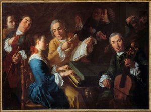 Het concert Een muzikant aan het klavecimbel en een cellist door Gaspare Traversi