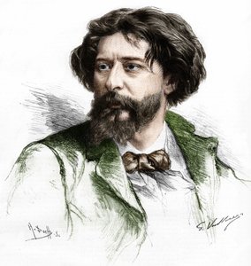 Portret van Alphonse Daudet (1840-1897), Franse schrijver. Gravure door A. Pochy naar Gaston Vuillier, eind 19e eeuw.