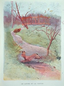 De haas en de schildpad, illustratie uit de Fabels van Jean de la Fontaine (1621-95) begin 20e eeuw