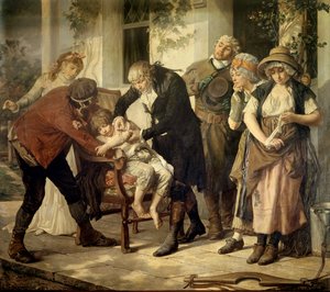 De eerste vaccinatie van Edward Jenner (1749-1823), Britse arts die het vaccin tegen pokken ontdekte
