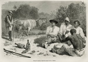 Een groep vaqueros die kaarten speelt en alcohol drinkt, nabij hun kuddes ossen, gravure naar een tekening van G. Vuillier, ter illustratie van het verhaal De Cayenne aux Andes, door Jules Crevaux, arts van de Franse marine, in 1878-1879, gepubliceerd in d
