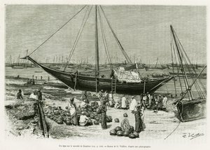 Een tepe op de Zanzibar-markt (Tanzania). Gravure door G.Vuillier, ter illustratie van het verhaal Reis onder de Benadirs, Somali