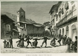 Dansen op het openbare plein. Gravure door G.Vuillier, ter illustratie van het verhaal De vallei van Andorra, door Gaston Vuillier, in le tour du monde 1888, onder leiding van Edouard Charton (1807-1890), Hachette, Parijs.