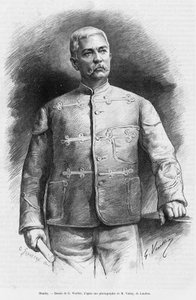Portret van Henry Morton Stanley (geboren John Rowlands 1841-1904) journalist en ontdekkingsreiziger. Gravure door G.Vuillier, ter illustratie van het verhaal In de duisternis van Afrika, Zoektocht ontdekt en terugtocht van Emin Pacha. door Gaston Vuillier