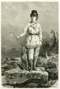 Portret van Madame Marie De Ujfalvy-Bourdon, in reiskleding, met haar hond, getrouwd met etnoloog, taalkundige en ontdekkingsreiziger Charles Eugene Ujfalvy (1842-1904), zij vergezelde hem op al zijn expedities. Gravure door G.Vuillier, naar de natuur.